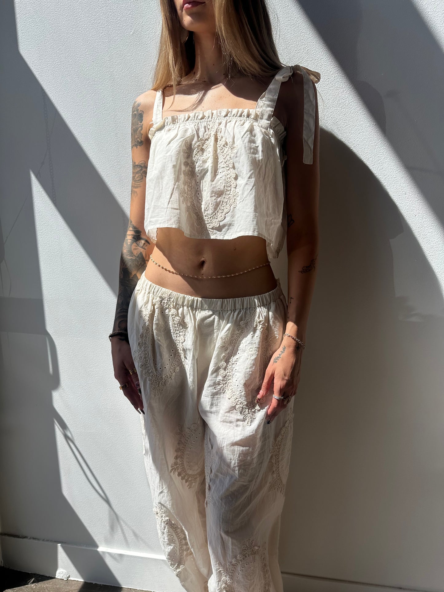 Indigo Eyelet Embroidered Pants