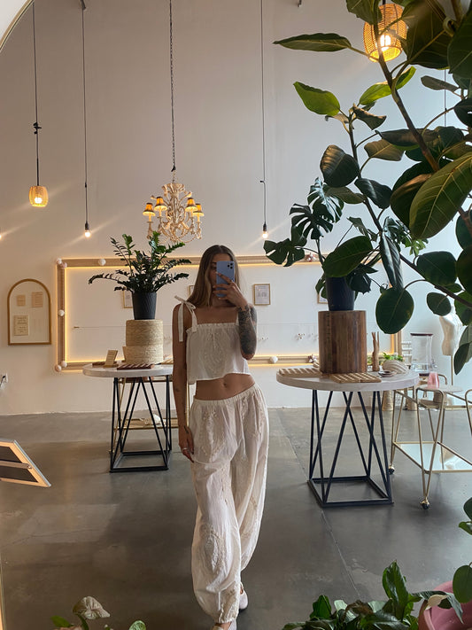 Indigo Eyelet Embroidered Pants