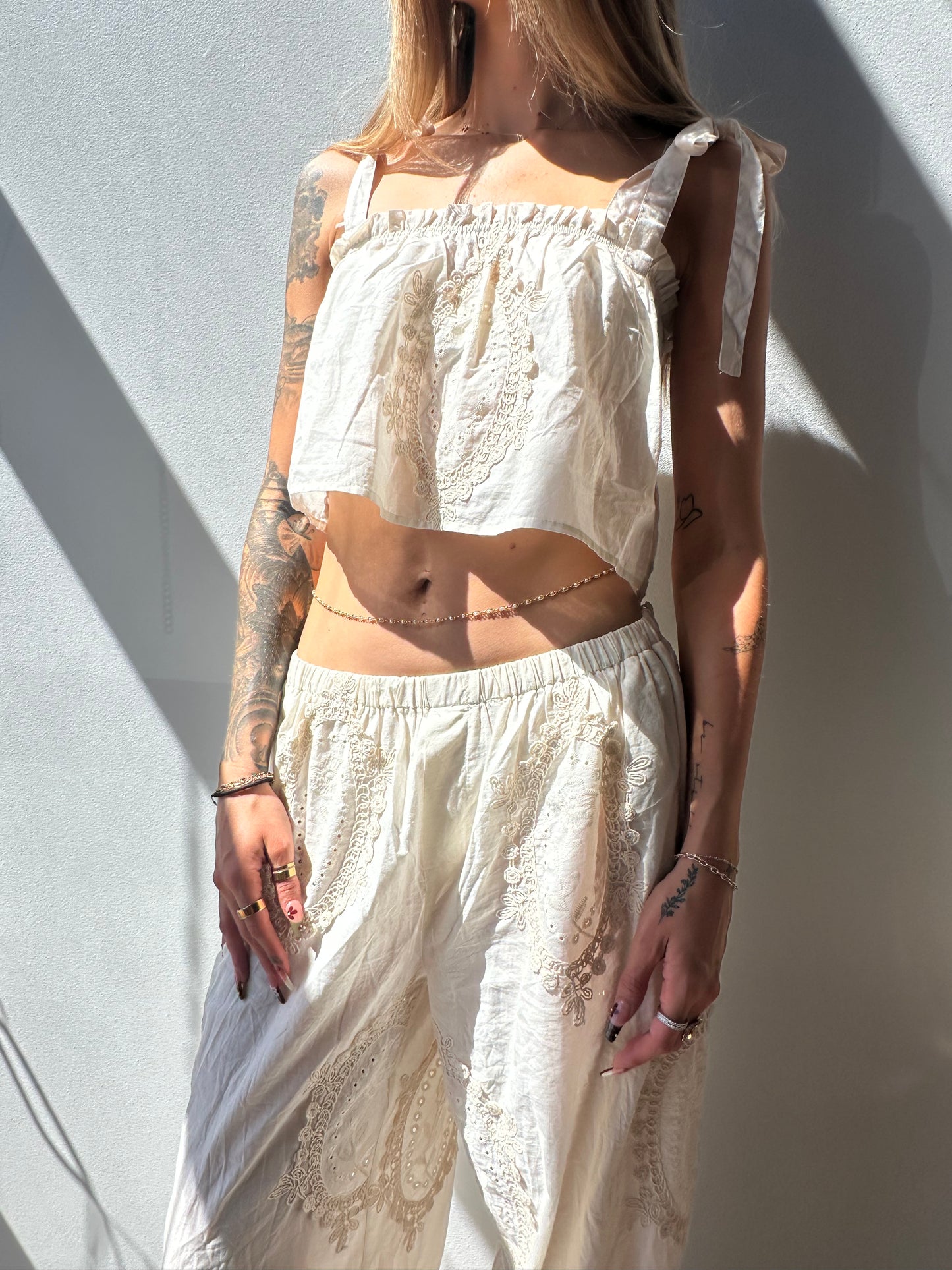 Indigo Eyelet Embroidered Pants